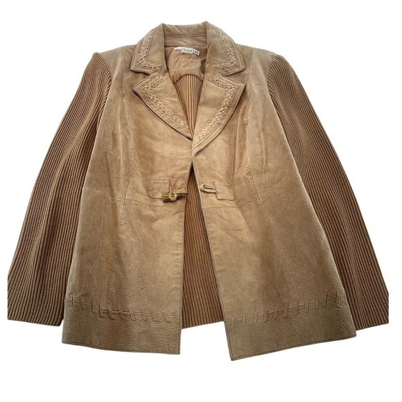 Peter Nygard Petite M Suede Knit Paneled Blazer Jacket Tan‎ Beige Button Front - Picture 2 of 11